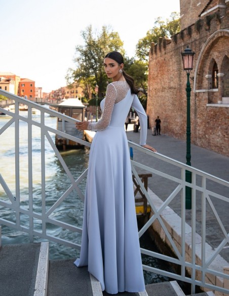 Robe longue de fête gris perle avec manches fantaisie