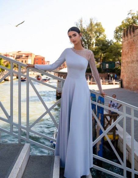 Pearl grey long party dress with fancy sleeves