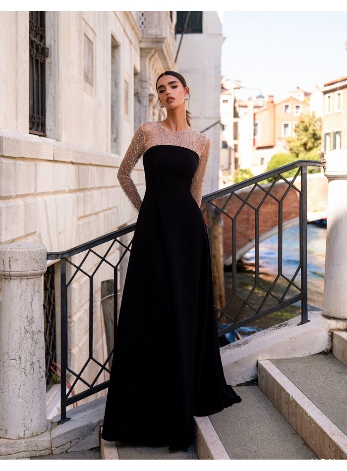 Robe longue de fête avec manches en strass