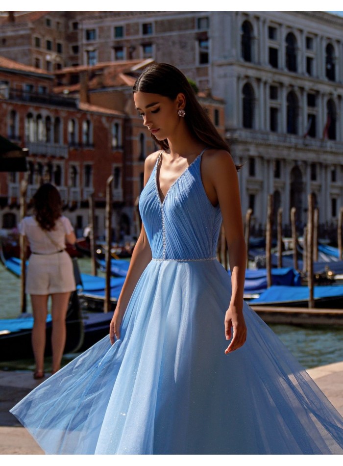Midi dress with shiny tulle and pleated bodice