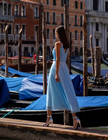 Vestido midi de tul brillante y cuerpo plisado