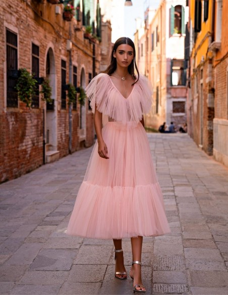 Robe de soirée midi avec volants en tulle