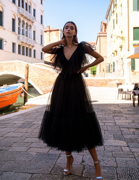 Midi party dress with tulle frills