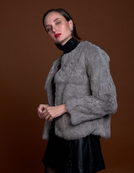 Rabbit fur jacket with round collar