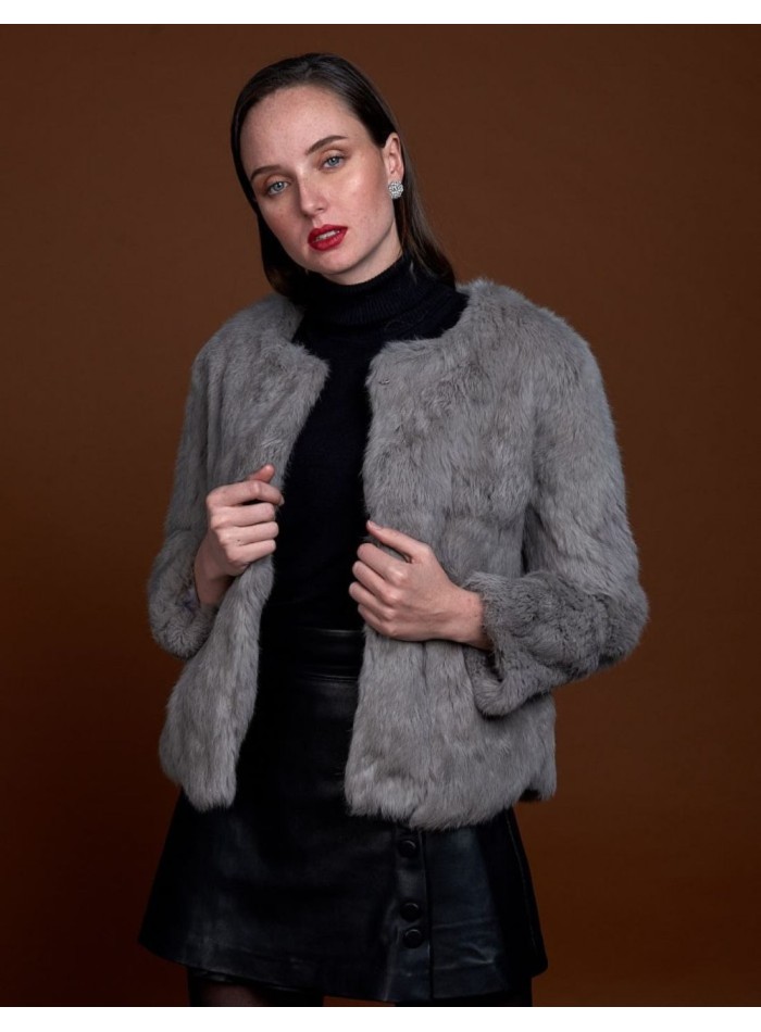 Rabbit fur jacket with round collar