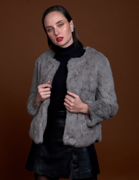 Rabbit fur jacket with round collar
