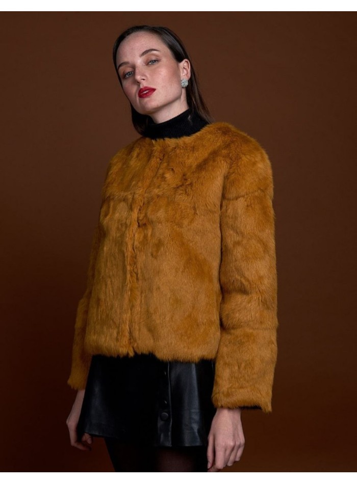 Rabbit fur jacket with round collar