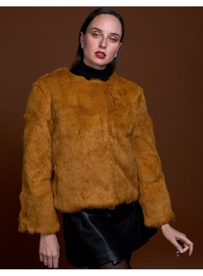 Rabbit fur jacket with round collar