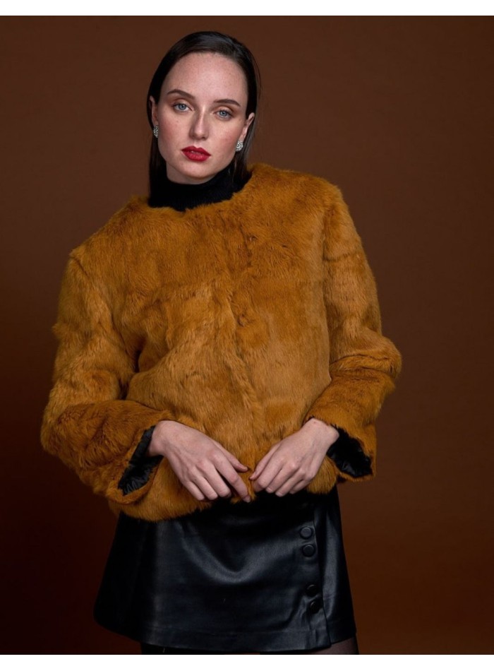 Rabbit fur jacket with round collar