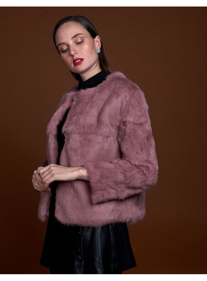 Rabbit fur jacket with round collar