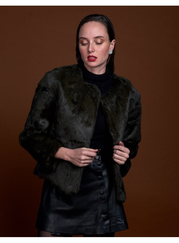 Rabbit fur jacket with round collar