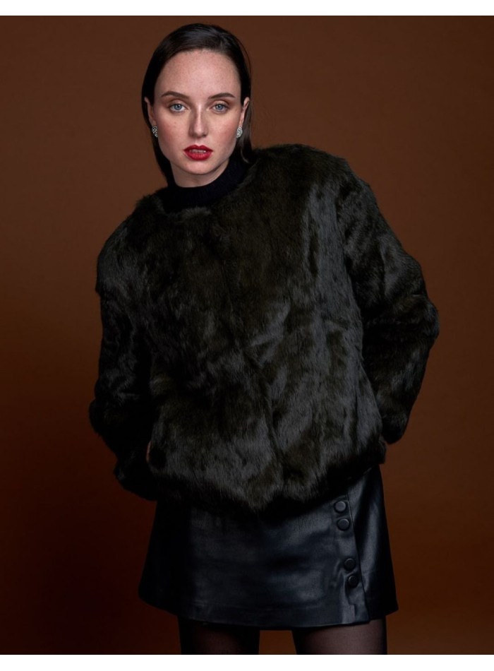 Rabbit fur jacket with round collar