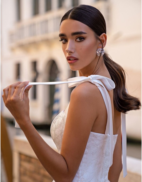 Vestido de fiesta midi con tirantes lazo y falda de tul 2