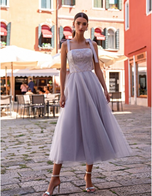 Midi party dress with bow straps and tulle skirt