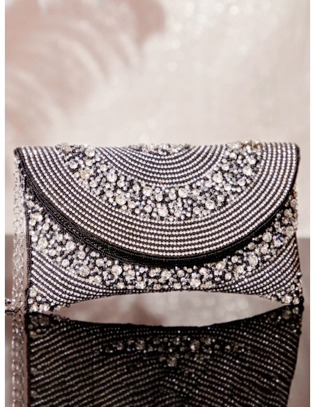 Black evening clutch bag with white crystals
