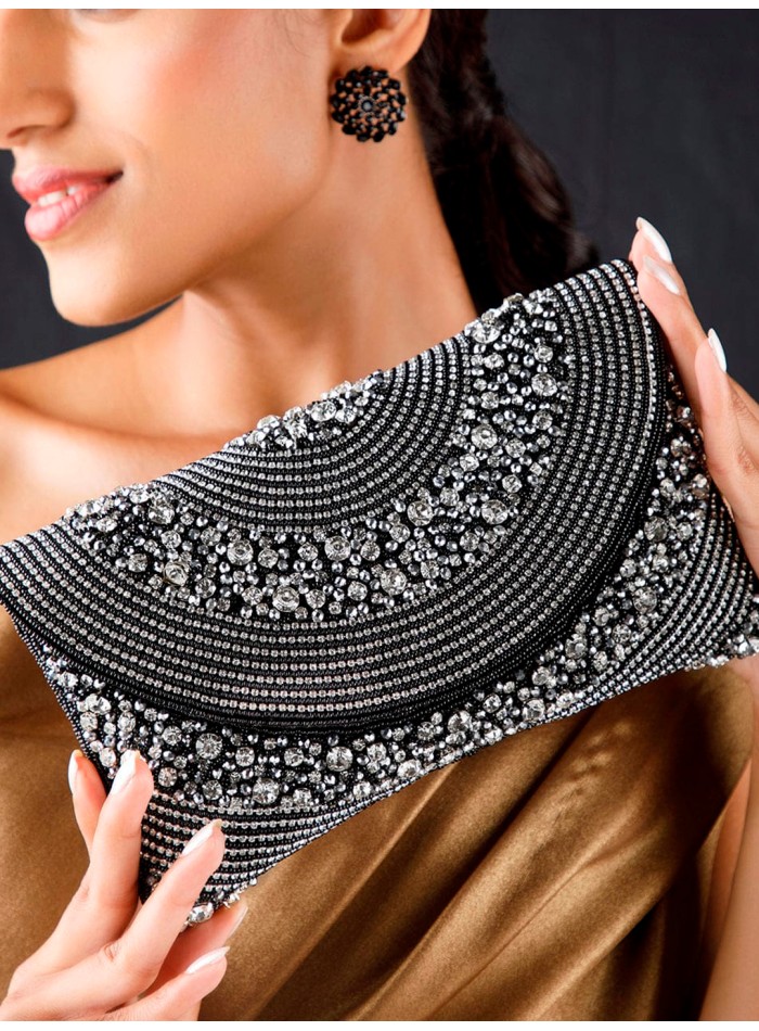 Black evening clutch bag with white crystals