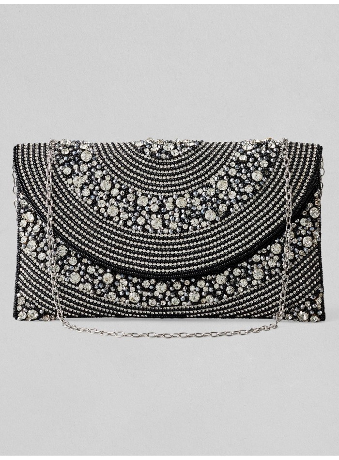Black evening clutch bag with white crystals