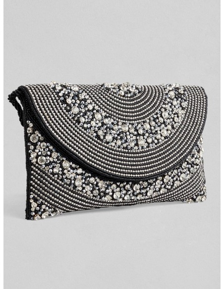 Black evening clutch bag with white crystals