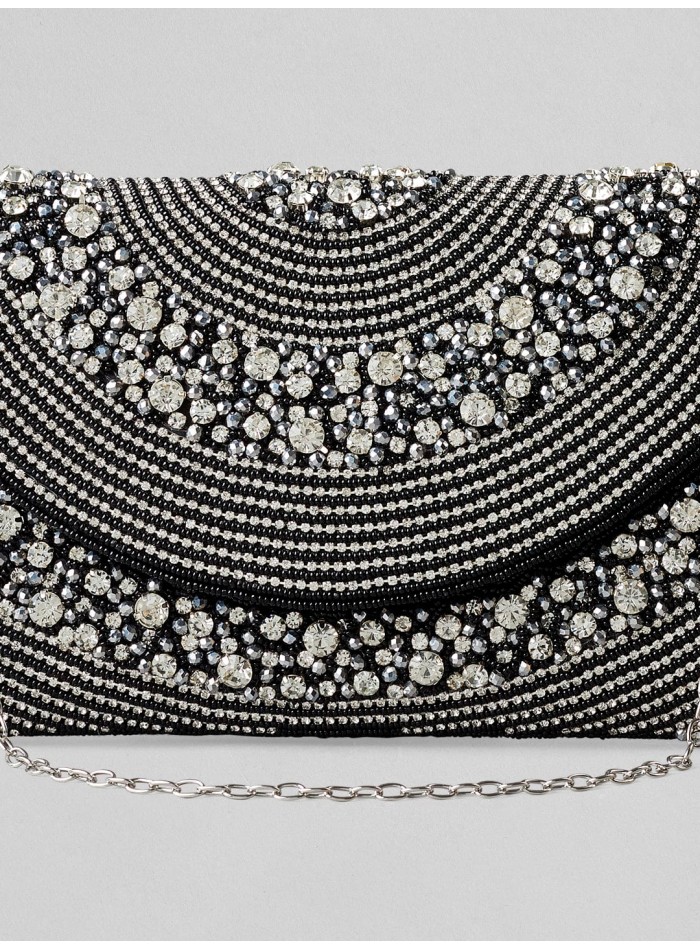 Black evening clutch bag with white crystals