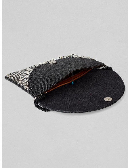 Black evening clutch bag with white crystals