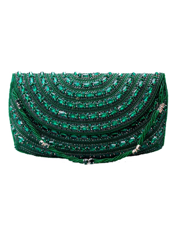 Emerald green evening clutch bag made of rhinestones