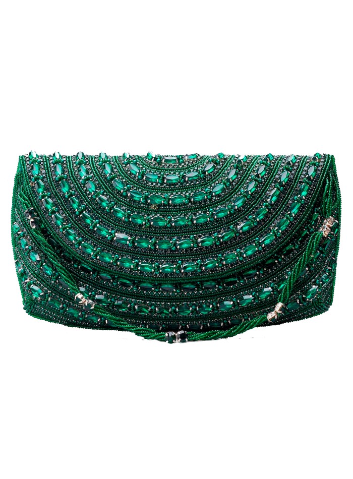 Emerald green evening clutch bag made of rhinestones