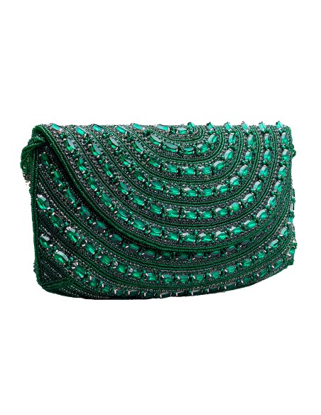 Emerald green evening clutch bag made of rhinestones