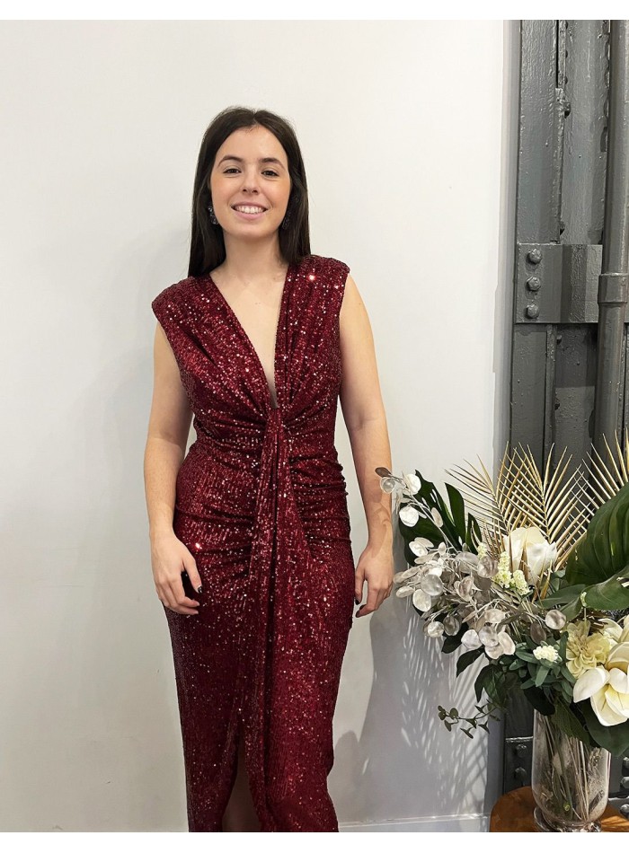 Red sequin party dress.