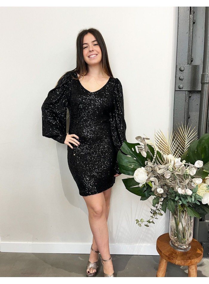 Vestido corto de lentejuelas negras para fiestas.