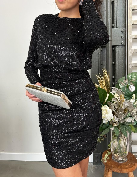 Vestido de fiesta corto de lentejuelas fruncido para navidad