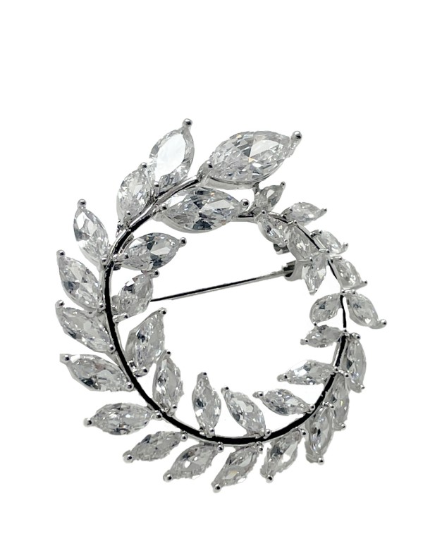Round silver plated brooch with leaf-shaped crystals 2