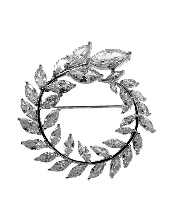 Round silver plated brooch with leaf-shaped crystals