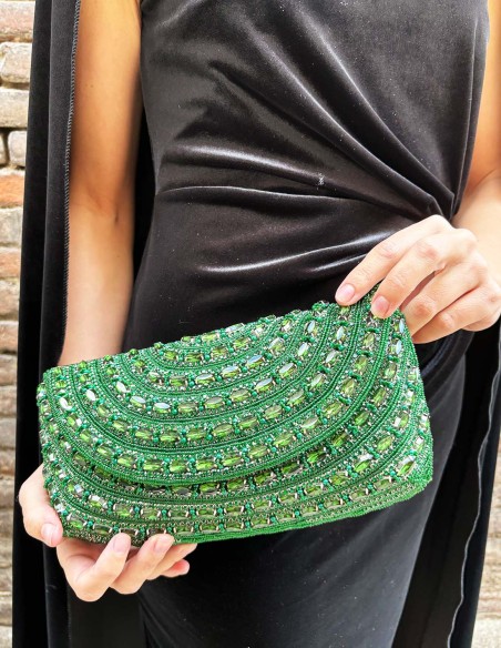 Emerald green evening clutch bag made of rhinestones