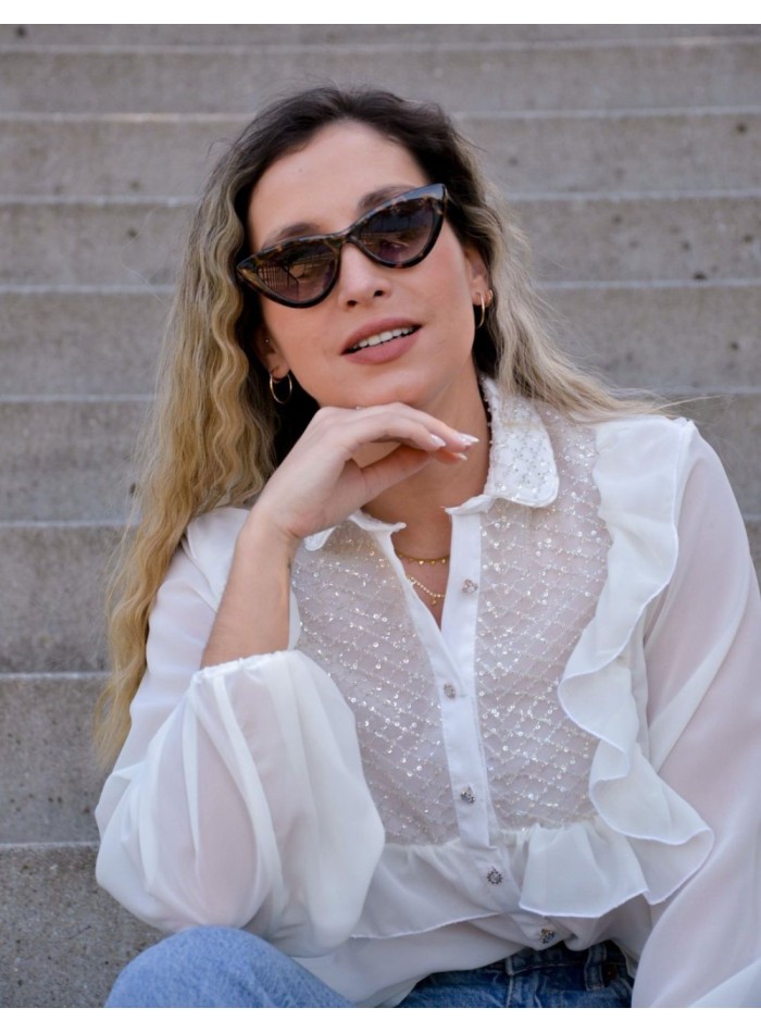 Blusa de fiesta blanca con volantes y cristales