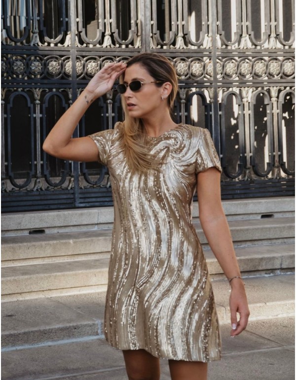 Vestido corto de fiesta dorado con lentejuelas