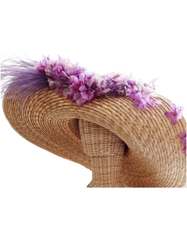 XL straw pamela with lilac and pink flowers.