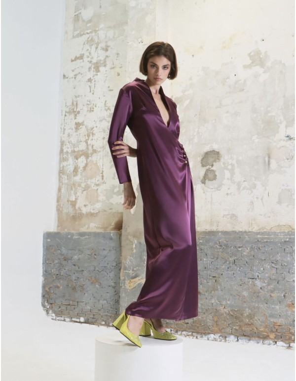 Long burgundy satin party dress with buttons