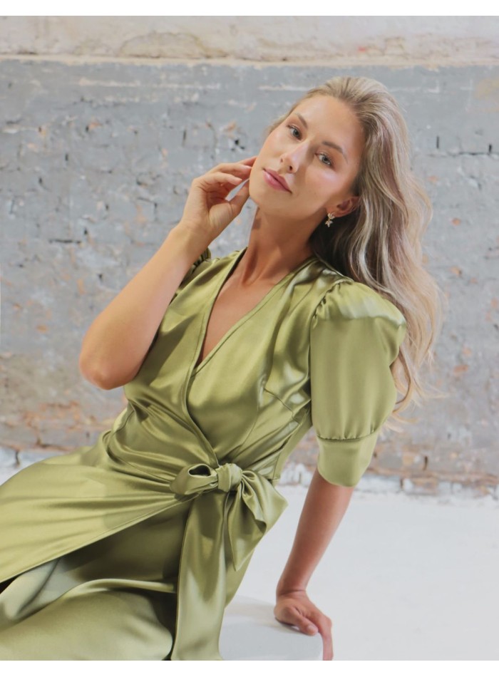 Olive green midi satin party dress