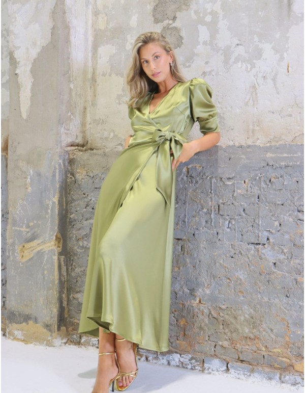Olive green midi satin party dress 2