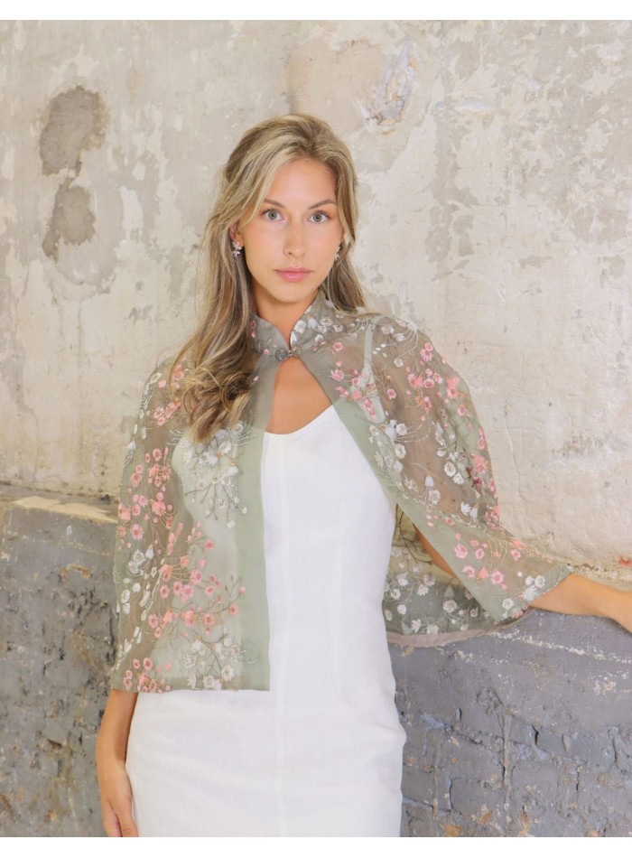 Cape de fête courte en organza de soie brodée
