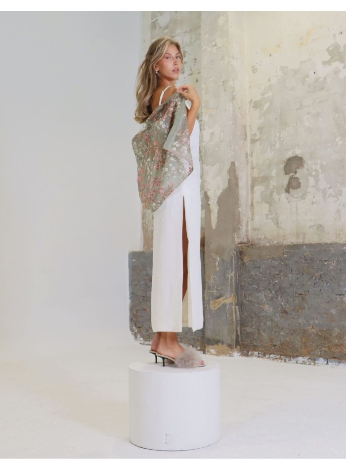 Short party cape in embroidered silk organza