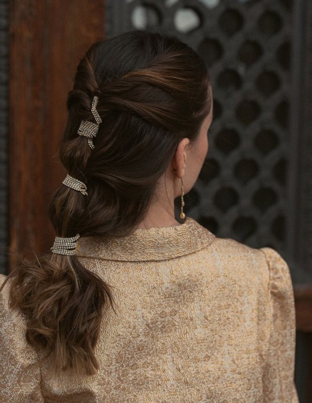 Golden printed party blouse with puffed sleeves