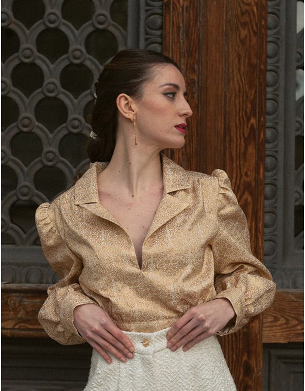 Blouse de fête imprimée dorée à manches bouffantes