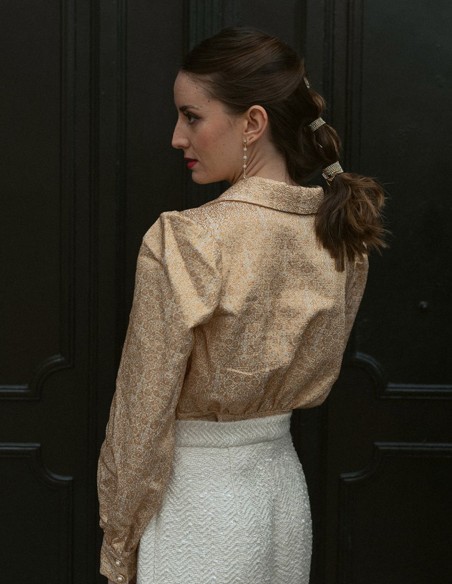 Blouse de fête imprimée dorée à manches bouffantes