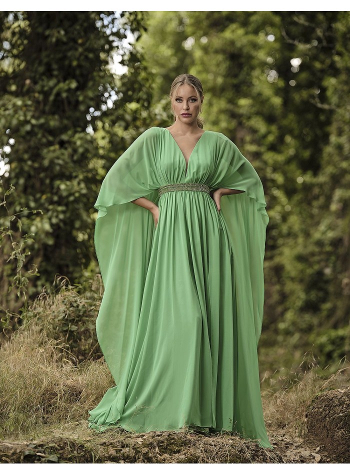 Long ball gown with cape and rhinestone sash