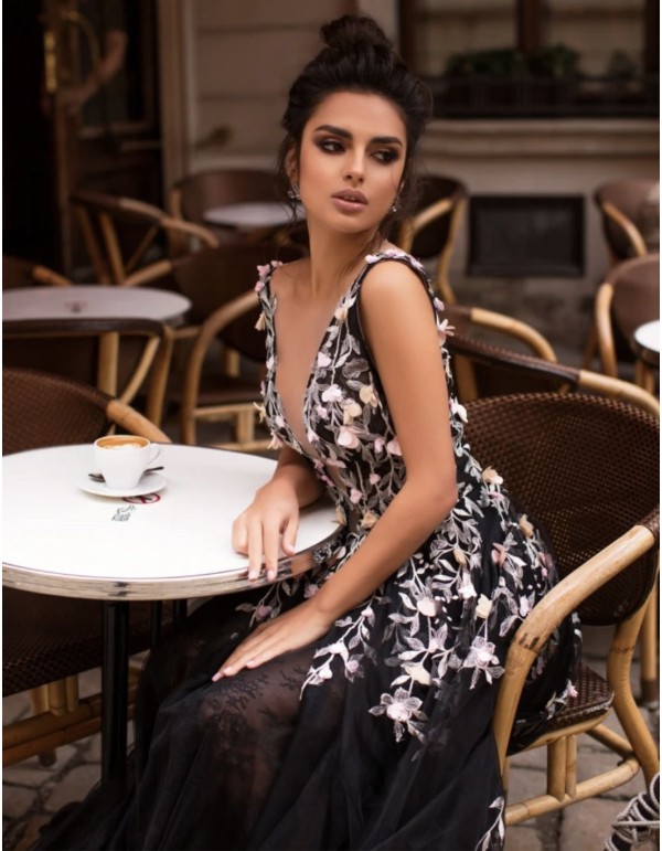 Long party dress with plunging neckline and floral...