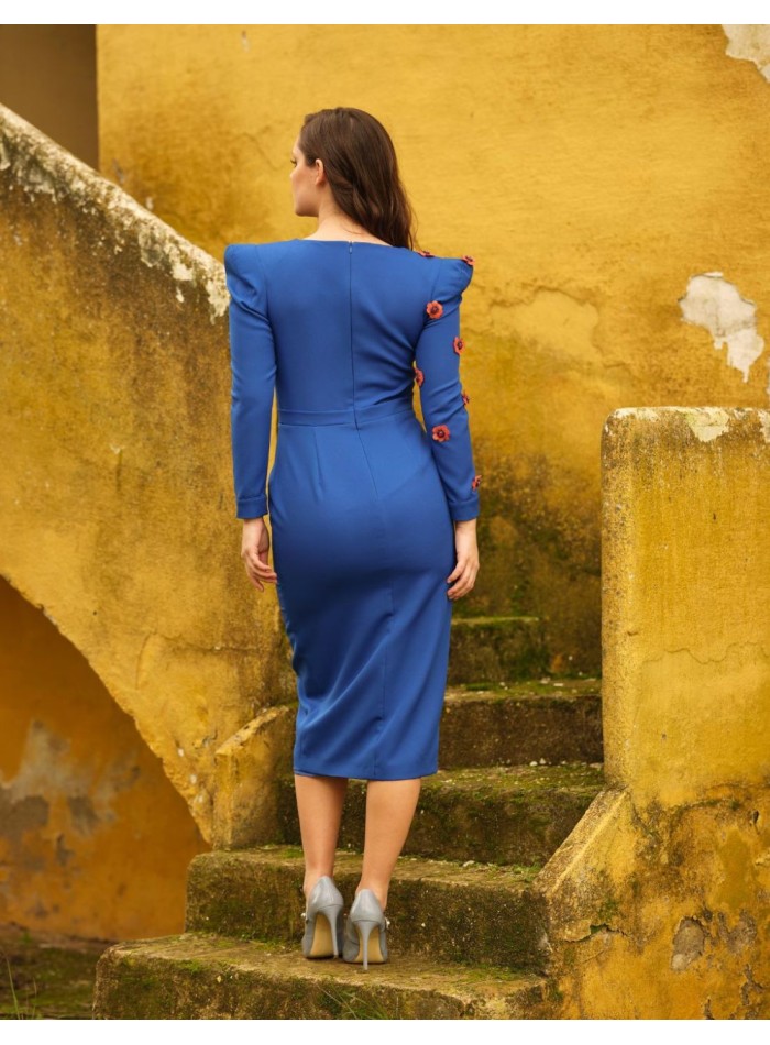 Midi party dress with asymmetric neckline.