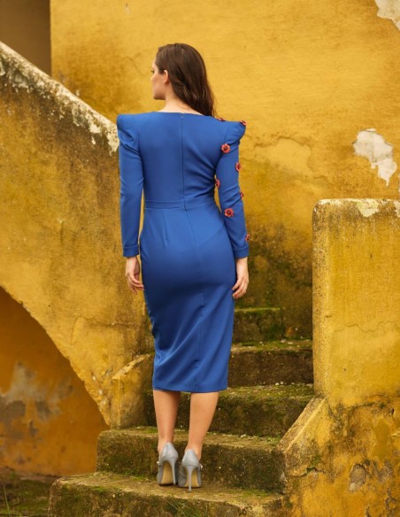 Midi party dress with asymmetric neckline.