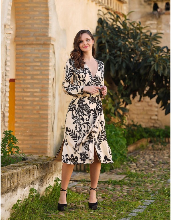 Printed midi party dress for guests.