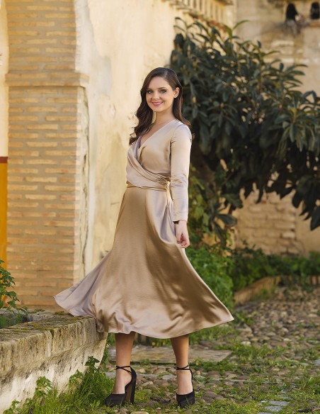 Satin midi party dress with V-neckline and flounce skirt